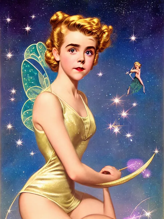 Prompt: kiernan shipka as tinkerbell glowing, a beautiful art nouveau portrait by Gil elvgren and Hajime Sorayama, moonlit starry sky environment, centered composition, defined features, golden ratio, gold jewlery, photorealistic professionals lighting, cinematic, sheer