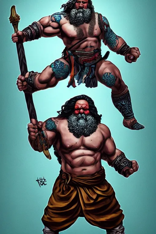 Image similar to character portrait of buff barbarian karl marx with a tattoo of an eye on the forehead, dungeons and dragons cover artwork, dynamic composition, dramatic lighting, trending on artstation, award winning art, stylized painting, concept art, 4 k, 8 k, gold and teal color scheme