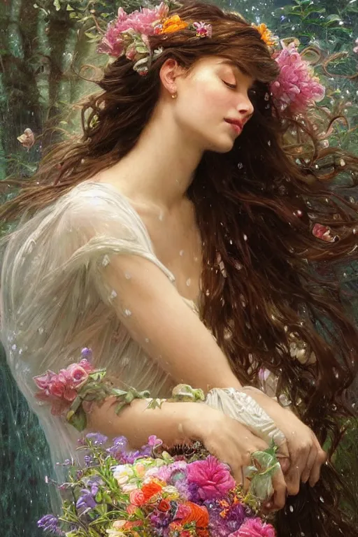 Image similar to portrait of a beautiful mysterious woman holding a large bouquet of flowing flowers, wet dripping long hair, hands disappeared under the bouquet, emerging from the water, fantasy, regal, intricate, by stanley artgerm lau, greg rutkowski, thomas kindkade, alphonse mucha, loish, norman rockwell