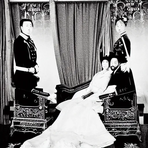 Image similar to An extreme long shot wide shot, colored black and white Russian and Japanese mix historical fantasy a photograph portrait taken at the empress and emperor's royal wedding on their carriage trip back to the palace, they had a private moment together, golden hour, warm lighting, 1907 photo from the official wedding photographer for the royal wedding.