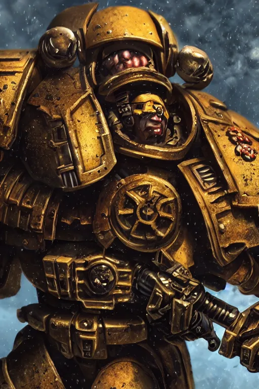 Image similar to a photo of a space marine, warhammer 4 0 k setting, dynamic pose, close - up, intricate details, intricately detailed clothing, intricate textures, warm lighting, vivid colors, smoke and mist, realistic octane render, hyper realistic render, volumetric shading, depth of field, raytracing, 8 k,