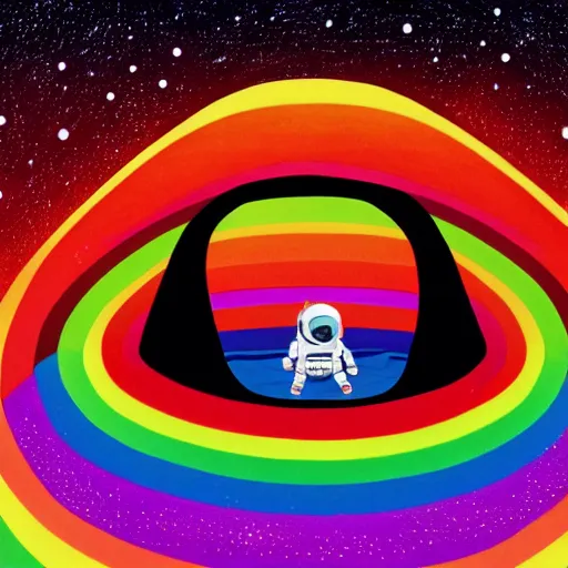 Image similar to space astronaut floating of away from the earth, complex wavy rainbow lines, particals and distortion, in the style of Ori Toor