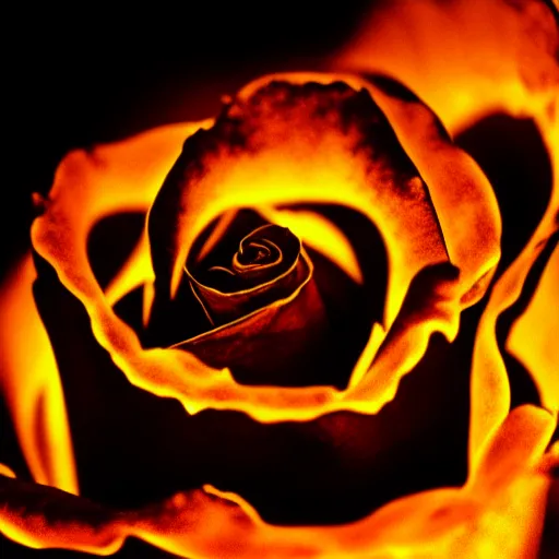 Image similar to award - winning macro of a beautiful black rose made of glowing molten magma