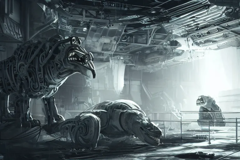 Prompt: robosaurus parallax datacenter server room interior single mono white rusty robot sitting artstation cinematic detailed concept art ultra realistic volumetric light sharp coherent cgsociety symmetric perfect well balanced shadows lotr technogoddess sidwill glass plastic carbon