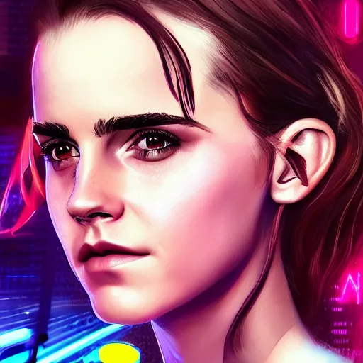 Prompt: Portrait of Emma Watson, cyberpunk style futuristic neon lights, artstation cgsociety masterpiece highly-detailed