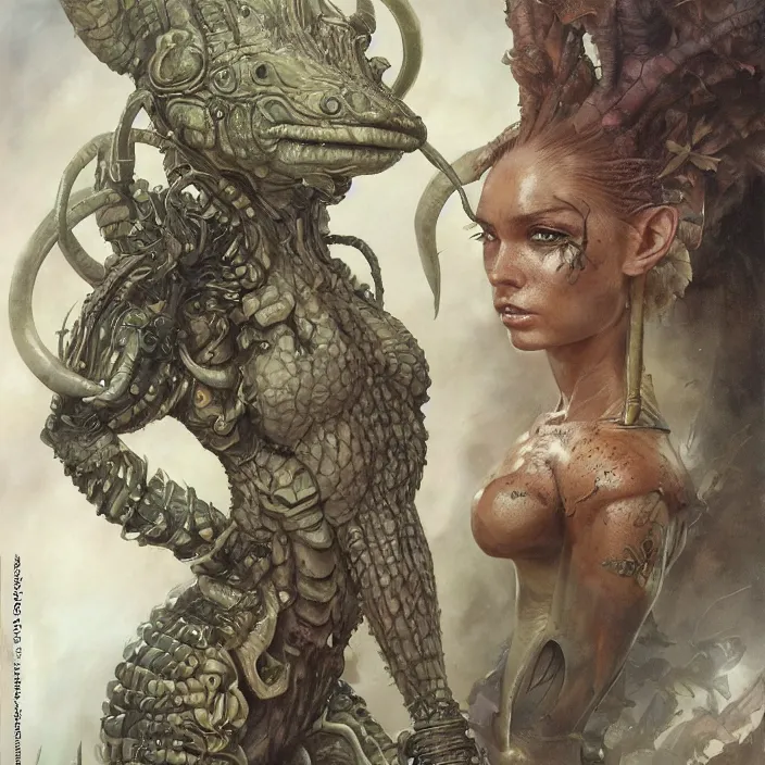 Image similar to a portrait photograph of a scaled tropical female alien. she wearing a tactical suit and has many body modifications. by tom bagshaw, donato giancola, hans holbein, walton ford, gaston bussiere, brian froud, peter mohrbacher and magali villeneuve. 8 k, fashion editorial, cgsociety