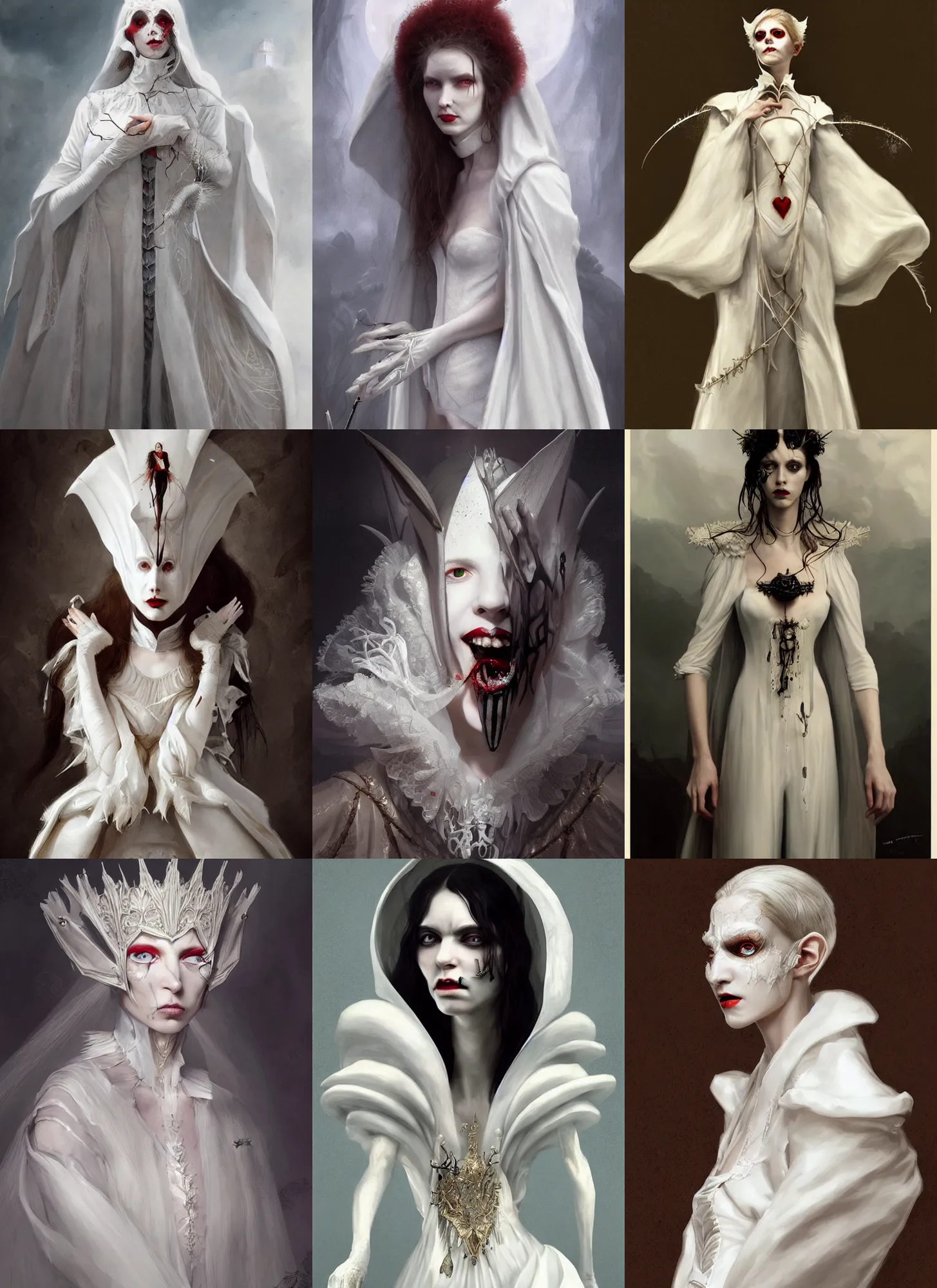 Prompt: portrait of a vampire in a white costume, art by tim walker, tumblr, viennese actionism, fantasy, intricate and very very beautiful and elegant, highly detailed, digital painting, artstation, concept art, smooth and sharp focus, illustration