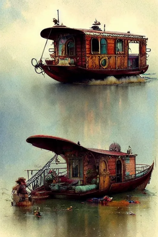 Prompt: (((((1950s fairy tale gypsy house boat floating on a river . muted colors.))))) by Jean-Baptiste Monge !!!!!!!!!!!!!!!!!!!!!!!!!!!