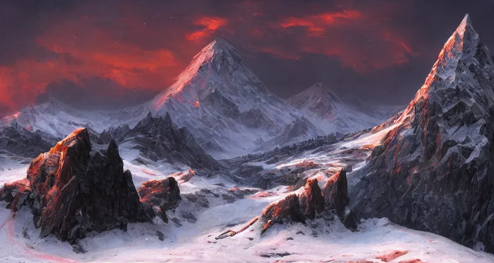 Prompt: snowy mountain, by eugene von guerard, ivan shishkin, black lovecraftian obsidian fortress pyramid!! on a snowy mountaintop, night, red lightning!!, dramatic lighting, concept art, trending on artstation, 8 k