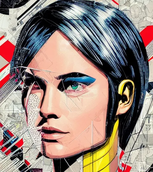 Image similar to collage portrait of a female android, by MARVEL comics and Sandra Chevrier