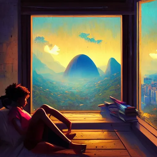 Prompt: lo-fi colorful masterpiece by Greg Rutkowski, WLOP, Dan Mumford, Christophe Vacher, painting, black girl, curly hair, with headphones, studyng in bedroom, window with rio de janeiro view, lo-fi illustration style, by WLOP, by loish, by apofis, alive colors