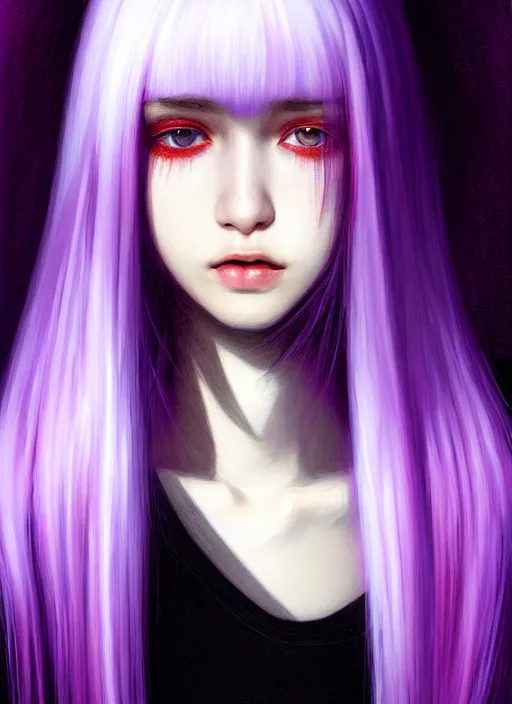 Image similar to hair whitebangs hair, black hair, whitebangs, portrait of teenage girl with white bangs, red irises, purple clothes, white bangs, bangs are different color from hair, intricate, elegant, glowing lights, highly detailed, digital painting, artstation, concept art, smooth, sharp focus, illustration, art by wlop, mars ravelo and greg rutkowski