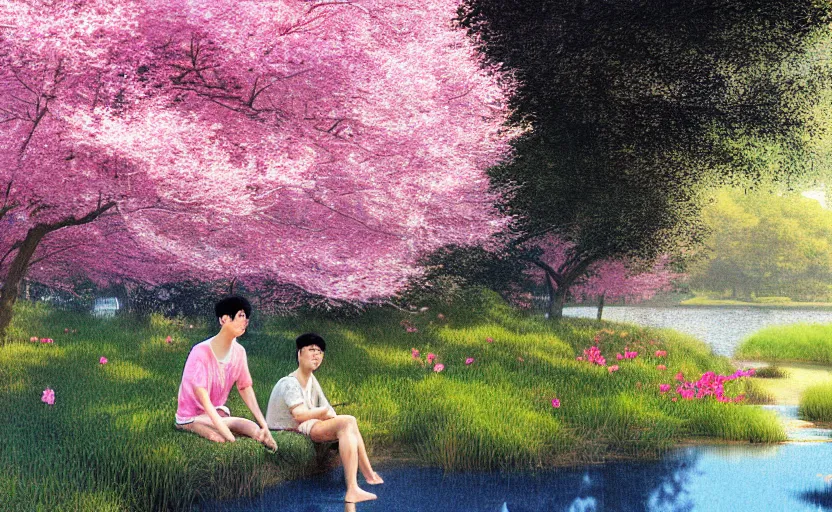 Prompt: harmony of pink haired young asian man backlit staring at black haired young asian man from across a pond, love at first sight, by alan lee, muted colors, springtime, colorful flowers & foliage in full bloom, sunlight filtering through trees & skin, digital art, art station cfg _ scale 9