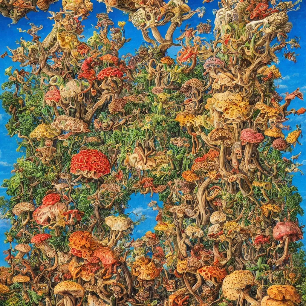 Prompt: a single! colorful!! fungus tower clear empty sky, a high contrast!! ultradetailed photorealistic painting by todd schorr and maria sibylla merian, hard lighting, masterpiece