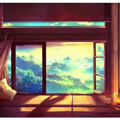 Prompt: a heavenly dream view from the interior of my cozy house from a Makoto Shinkai oil on canvas inspired pixiv dreamy scenery art majestic fantasy scenery cozy window frame fantasy pixiv scenery art inspired by magical fantasy exterior