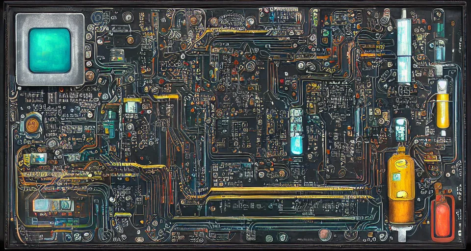 Image similar to product photography framing. digitally painted render of a small square fantasy vacuum - tube motherboard made and powered by crystalline circuitry. trending on artstation. artificer's lab bg. premium print by angus mckie and james gurney. beryllium materials