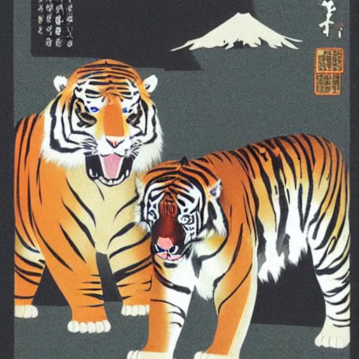 Image similar to a delorean protecting a tiger, japanese magazine collage, art by hsiao - ron cheng and utagawa kunisada