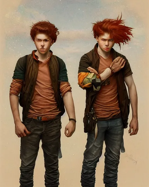 Image similar to portrait of 1 9 - year - old male twins with red hair and freckles, two male, wearing shirts, hyper realistic face, beautiful eyes, fantasy art, in the style of greg rutkowski, intricate, alphonse mucha, hyper detailed, smooth