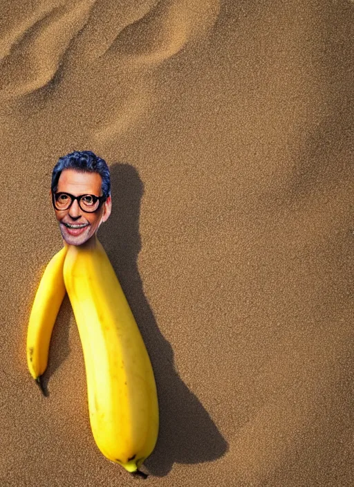 Image similar to jeff goldblum as a banana on the sand of a beach