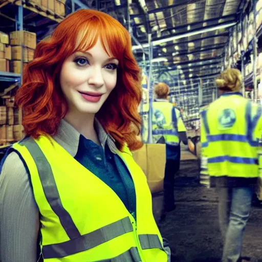Image similar to photo, close up, christina hendricks in a hi vis vest, in warehouse, android cameraphone, 2 6 mm,