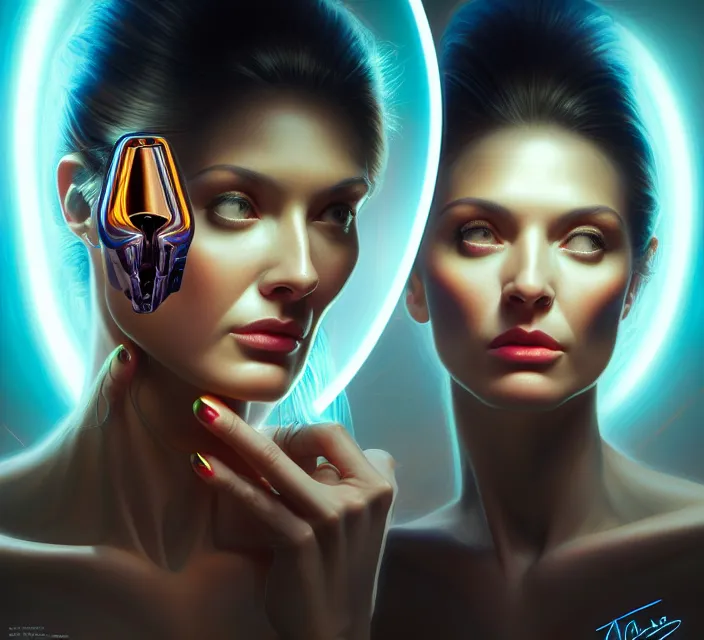 Image similar to Ladies, with detailed faces, in holograms of alien artifacts, electrical case display, total recall tech, , ultrarealistic, dramatic lighting, electrical details, high details, 4k, 8k, best, accurate, trending on artstation, artstation, photorealism, ultrarealistic, digital painting, style of Peter Mohrbacher, Caravaggio, Boris Vallejo