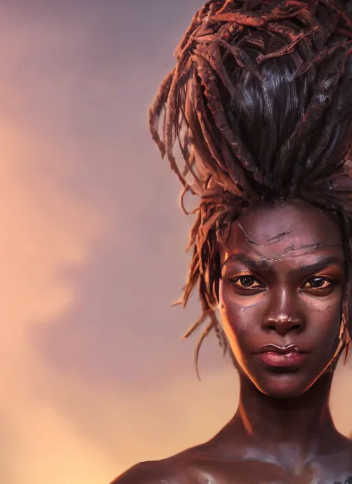 Image similar to An epic fantasy comic book style portrait painting of a short dark skinned girl thief with spidery hair and kind eyes, unreal 5, DAZ, hyperrealistic, octane render, cosplay, RPG portrait, dynamic lighting