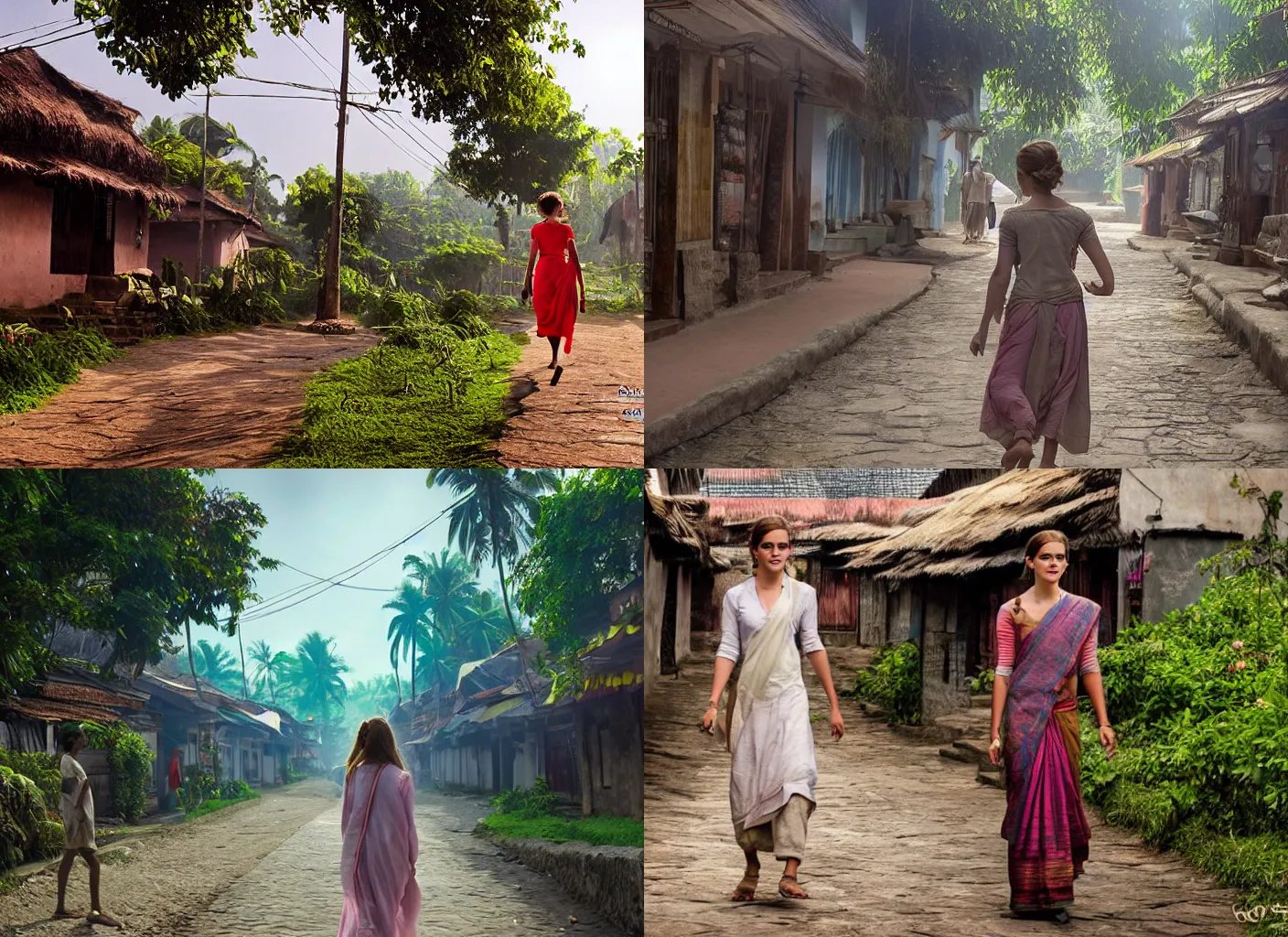 Prompt: Emma watson walking in the steets of a kerala village, cinematic, ultra realistic, soft colors, volumetric lighting, hdr