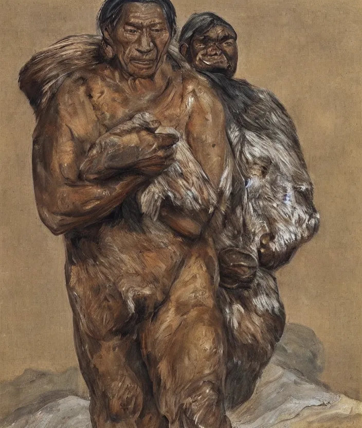 Prompt: indigenous man carrying a bear, painted by lucian freud, hd, super detailed, realistic, muted colors