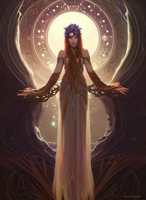 Image similar to a beautiful cinematic female druid goddess, galatic shamen with Quantum energy fantasy, fantasy magic, undercut hairstyle, dark light night, intricate, elegant, sharp focus, illustration, highly detailed, digital painting, concept art, matte, art by WLOP and Artgerm and Greg Rutkowski and Alphonse Mucha, masterpiece