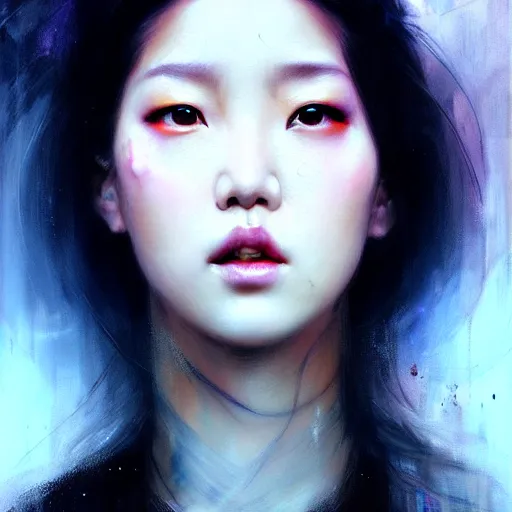 Image similar to roseanne park of blackpink, hyperrealistic portrait, bladerunner street, by karol bak and agnes cecile, fantasy art, photo realistic, dynamic lighting, artstation, poster, volumetric lighting, very detailed face, intricate complexity, rule of thirds, 8 k, award winning