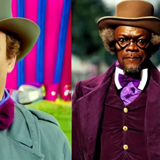 Image similar to Tom Hanks as Samuel L. Jackson dressed as Willy Wonka