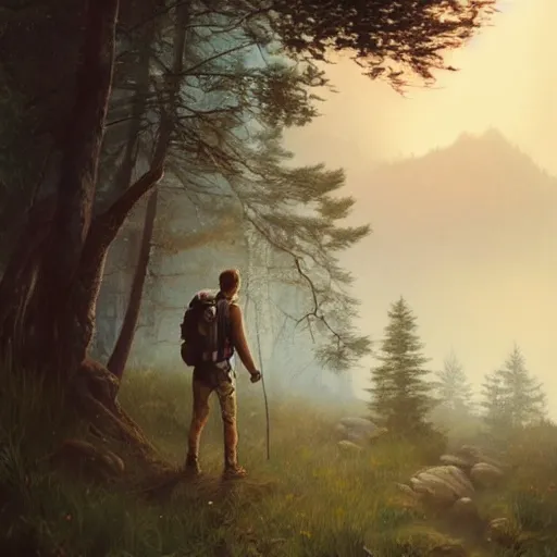 Image similar to explorer detailed man with backpack standing at a forest looking for adventure in the mountains, tall trees, landscape is lush, moody sunset in background, greg rutkowski, alphonse mucha, trending on artstation, artgerm, unreal engine, breathtaking, award winning, highly detailed w 1 0 2 4