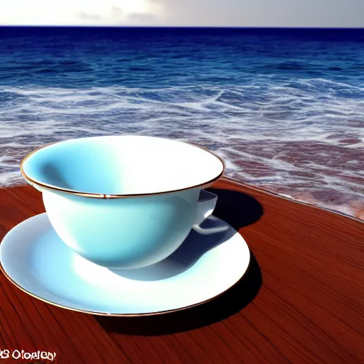 Prompt: teacup filled with the ocean, octane render, moddy lighting, big waves, white tea cup, ultra realistic, detailed,