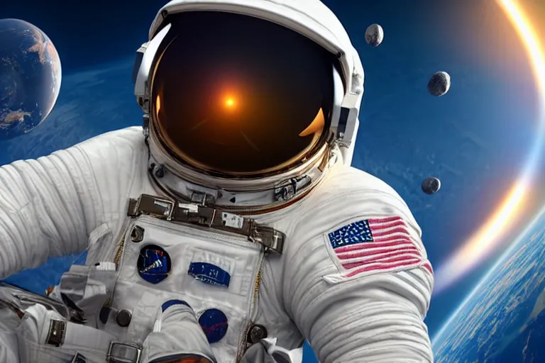 Image similar to astronaut in space wearing a spacesuit floating, meteor hitting earth in background, highly detailed, photorealistic portrait, bright studio setting, studio lighting, crisp quality and light reflections, unreal engine 5 quality render