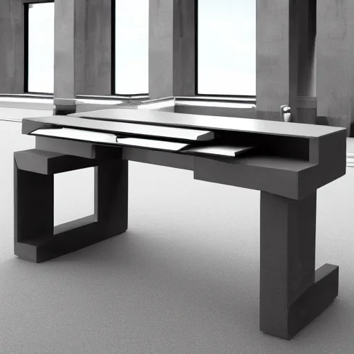 Prompt: brutalist style desk, modern architecture, high resolution