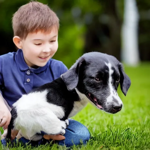Prompt: a short young looking guy playing with his black and white dog
