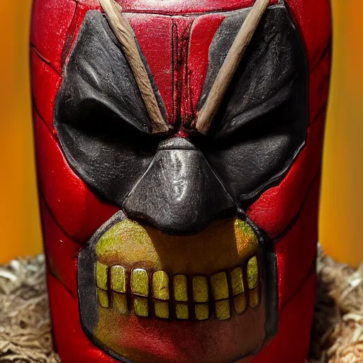 Prompt: a closeup photorealistic photograph of a deadpool style tiki mug sitting at a trader vic's beach bar featuring the face of deadpool. tiki party. bright scene. fine detail. this 4 k hd image is trending on artstation, featured on behance, well - rendered, extra crisp, features intricate detail, epic composition and the style of unreal engine.