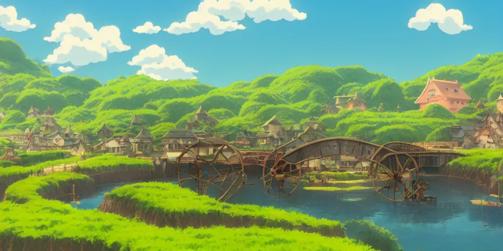 Prompt: background matte painting miyazaki ghibli miyamoto anime pixar dreamworks, full frame, vista english countryside, quaint village waterwheel stream.