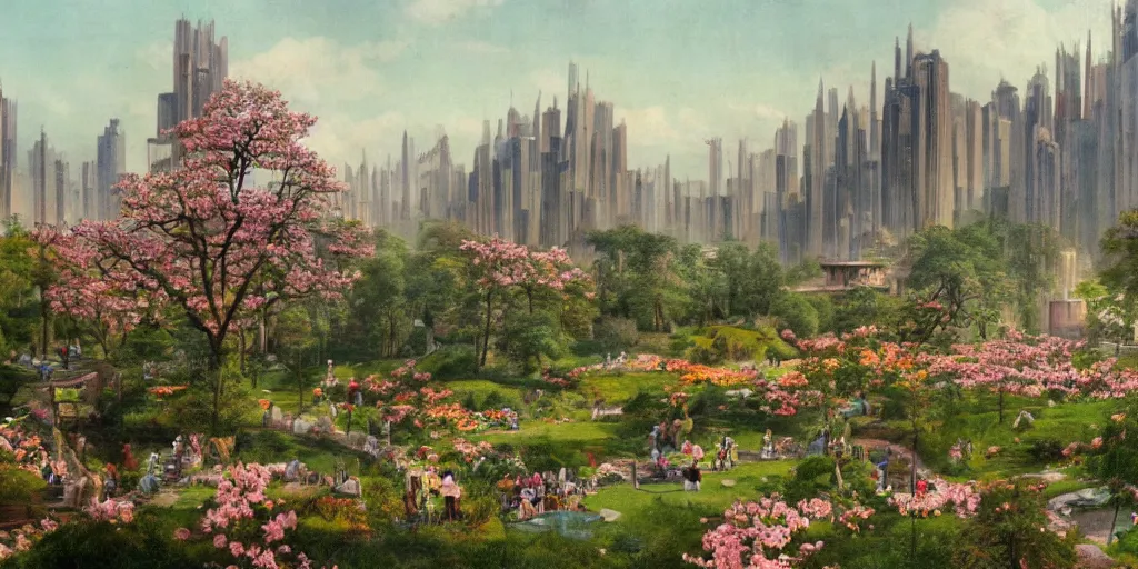 Image similar to establishing matte painting of a utopian city designed by frank lloyd wright in spring, flowers, trees, lake