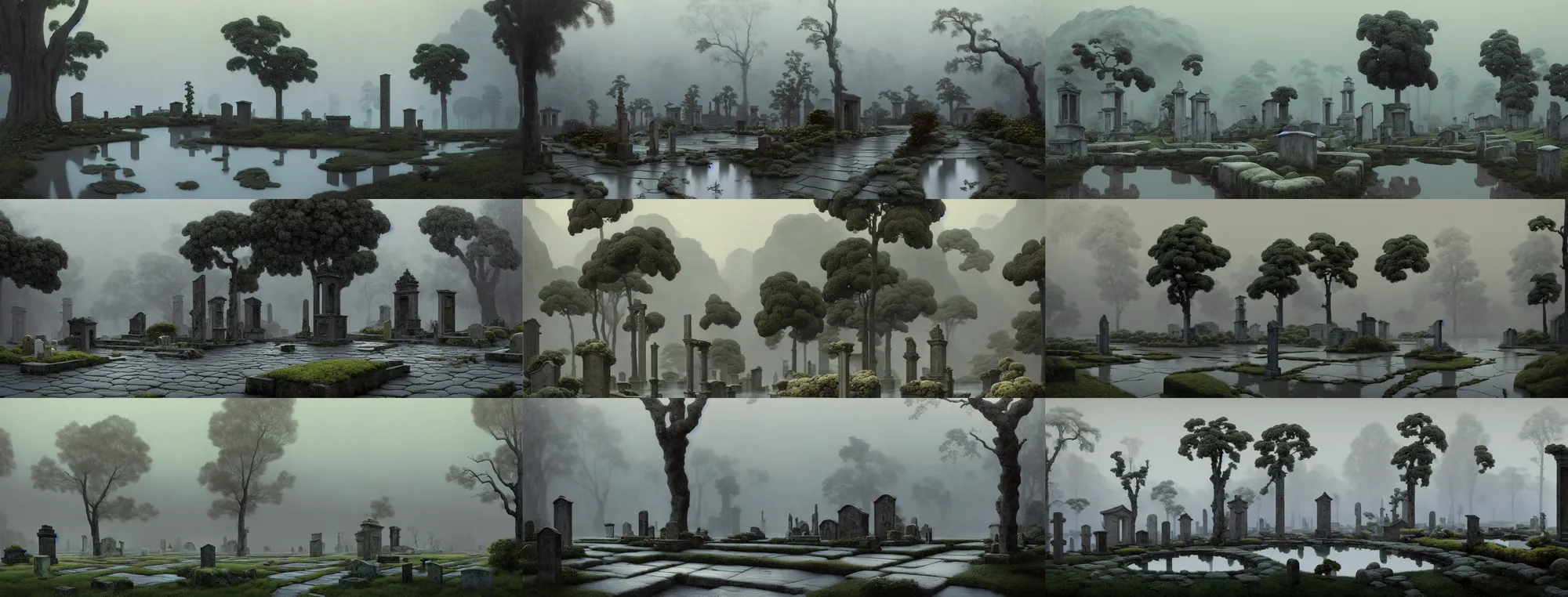 Image similar to a gorgeous bleak spring landscape painting by barlowe wayne maxfield parrish and marco mazzoni. rainy mood. traditional huizhou architecture. just one chinese tombstone. grey blue and very little light verdancy. wet winding stone steps. ultra clear detailed. 3 d, octane render. turbulent blood lake. fog, 8 k