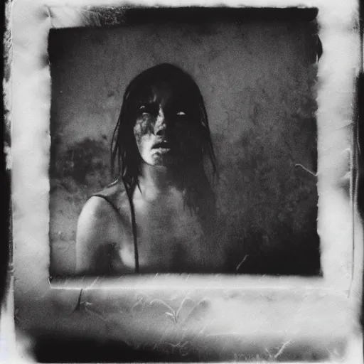 Prompt: an ancient demon-girl devouring a soul on an abandoned mad house, Colombian jungle, mist, 1910 polaroid photography, grainy film, resident evil, Black and white