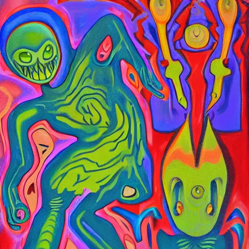 Image similar to an anthromorphic alien cult steals socks, by amanda clark in a psychedelic style, oil on canvas