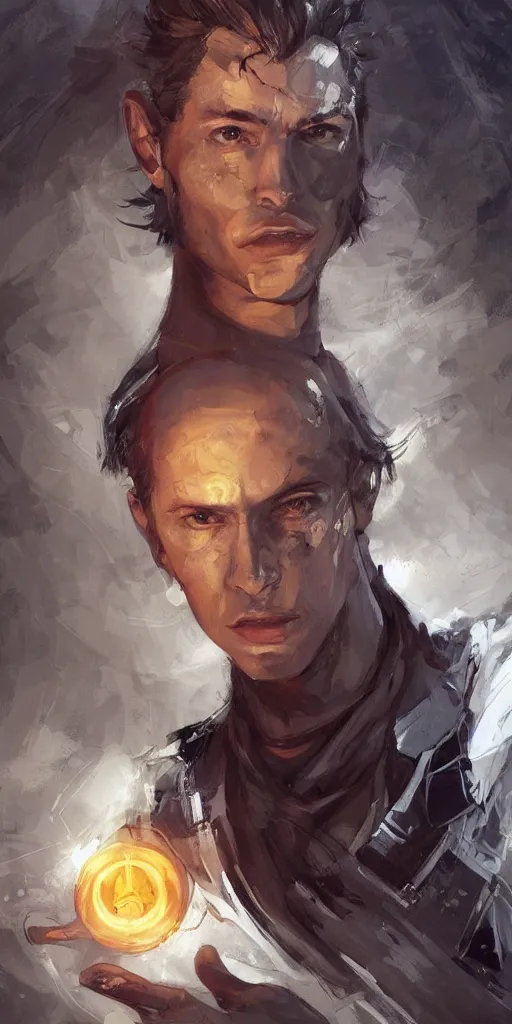 Image similar to a professional painting of a handsome young wizard olive skin, buzzed short dark hair, beautiful bone structure, symmetrical facial features, casting an evil spell, a floating glowing spellbook, , intricate, elegant, digital painting, concept art, smooth, sharp focus, illustration, from Metal Gear, by Ruan Jia and Mandy Jurgens and Artgerm and William-Adolphe Bouguereau