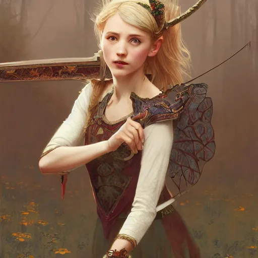 Prompt: elf fairy with a lute wearing a cardigan, blonde, highly detailed, intricate, digital painting, artstation, sharp focus, illustration, art by jakub rozalski, greg rutkowski, artgerm, tan zi and ayanamikodon and alphonse mucha and wlop