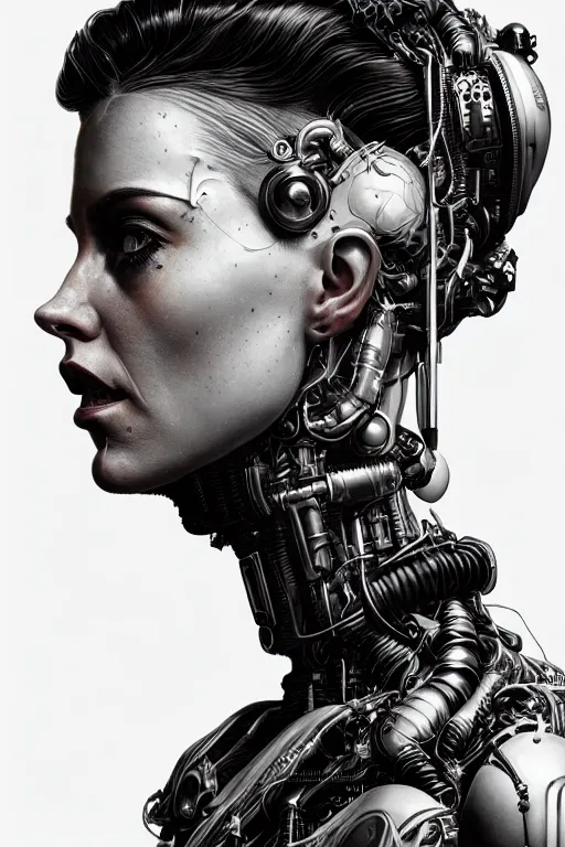 Image similar to sideview waist up portrait of beautiful cyborg woman by sandra chevrier laurie greasley gustave dore, cybernetics, low contrast, cinematic dramatic lighting, hyper realistic detailed intricate render, hypermaximalist, ornate, epic composition, 4 k 8 k, cryengine octane, sharp focus, concept art, masterpiece