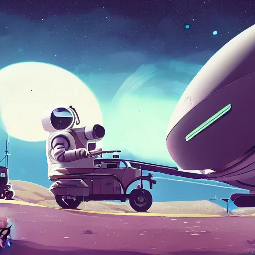 Image similar to ilustration astronaut unloading the spaceship before camping, characterized by roman shipunov, etienne hebinger, atey ghailan, cgsociety, cynical realism, fantasy art, 2 d game art