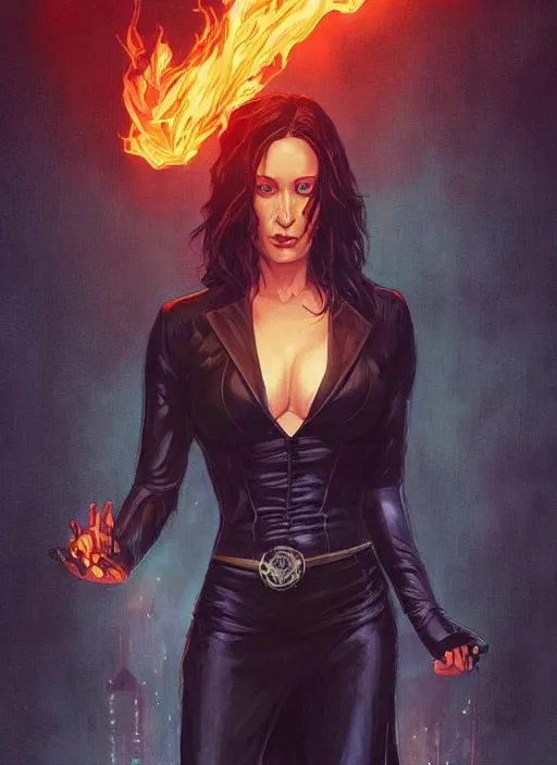 Prompt: a 8K DC comic of Prue Halliwell as Zatanna from DC comics , wavy hair . D&D style, sharp definition, surrounded by flames. Art by by Greg Rutkowski and Dan Mumford.