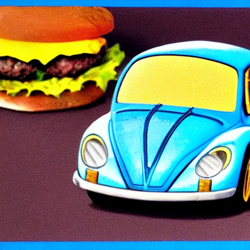 Image similar to a blue beetle car with burgers for wheels m - w 7 6 8