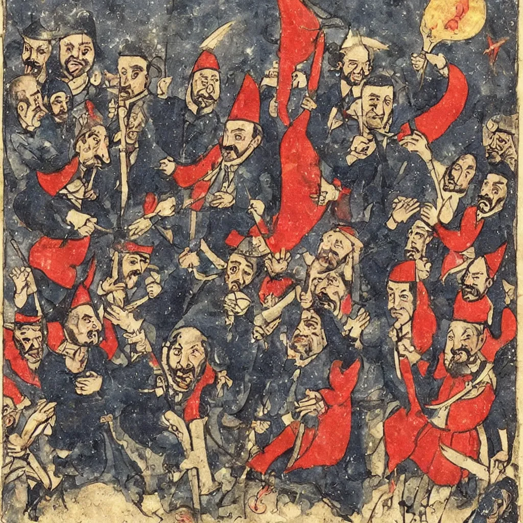 Prompt: Recep Tayyip Erdoğan and Devil having a launch in hell, Ottoman miniature style