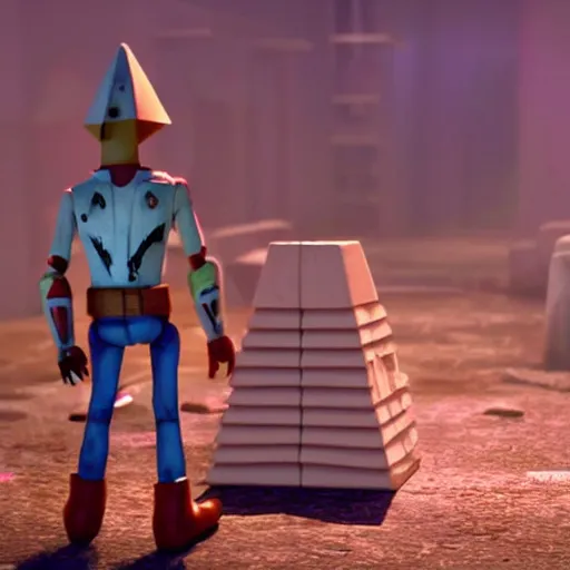 Image similar to silent hill's pyramid head in toy story, pixar style, cute colorful adorable, cgi render